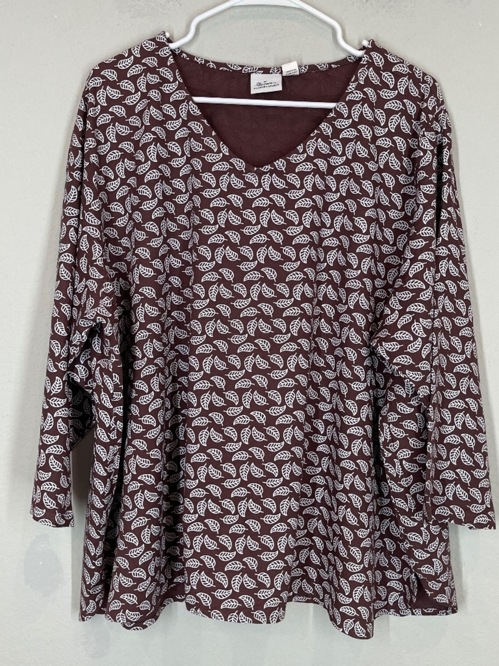 The Vermont Country Store Blouse Women's 2X Leaf Print Maroon 3/4 Sleeve